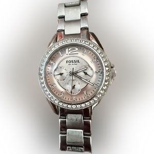Fossil Wrist Watch . Pink face with Swarovski crystals